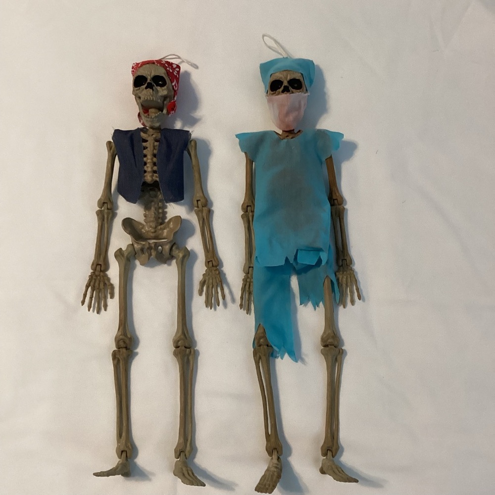 SKELETON: Set of 2 plastic hanging skeletons in costume
